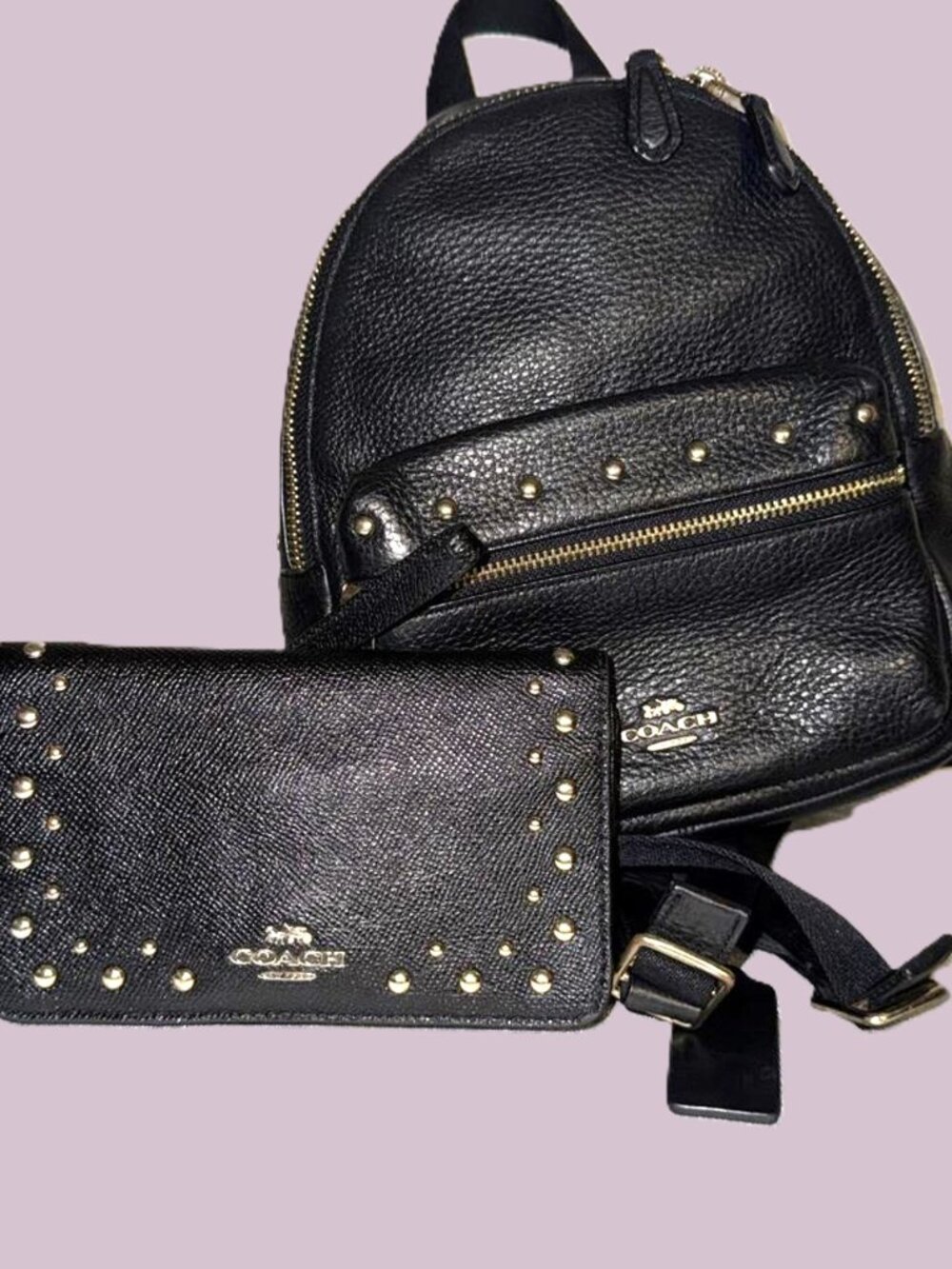 COACH Charlie Black Leather With Studs Matching Wallet NWOT F45070